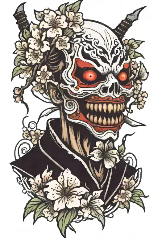 shinigami mask with a dagger in it's mouth surrounded by cherry blossoms tattoo design idea