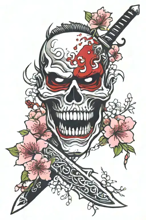 shinigami mask with a dagger in it's mouth surrounded by cherry blossoms tattoo design idea