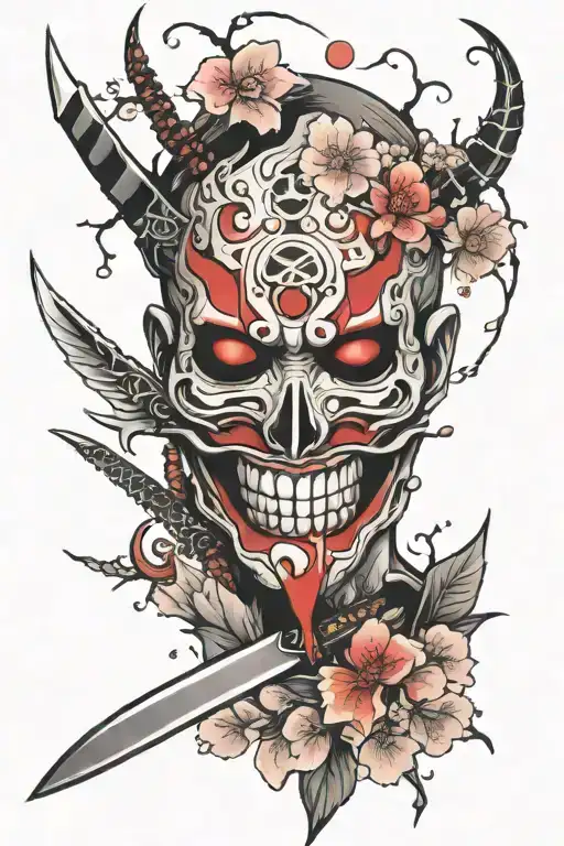 shinigami mask with a dagger in it's mouth surrounded by cherry blossoms tattoo design idea