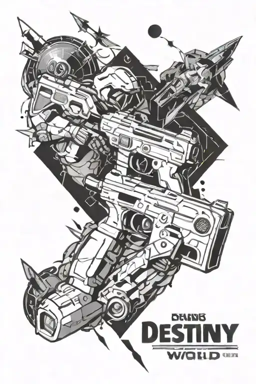 A tattoo inspired by the gaming world, featuring a mix of Destiny and Halo elements in a dynamic and energetic composition tattoo design idea