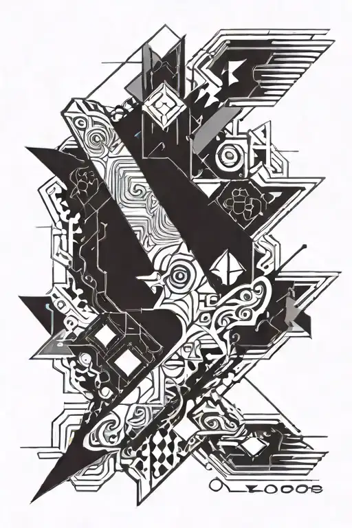 An abstract design incorporating the iconic Destiny hunter knife into a geometric pattern inspired by gaming graphics tattoo design idea