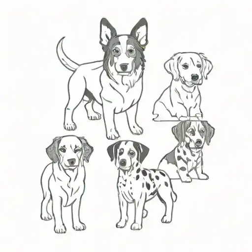 small tattoo design featuring four dogs - a Bernese, a Doberman, a Dalmatian, and a white Swiss Shepherd.  tattoo design idea
