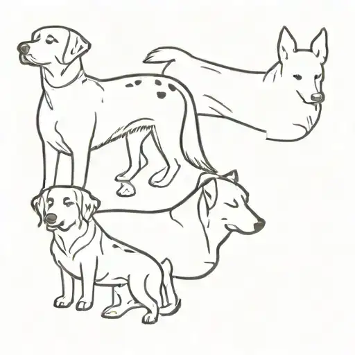small tattoo design featuring four dogs - a Bernese, a Doberman, a Dalmatian, and a white Swiss Shepherd.  tattoo design idea
