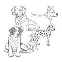 small tattoo design featuring four dogs - a Bernese, a Doberman, a Dalmatian, and a white Swiss Shepherd.  tattoo design idea