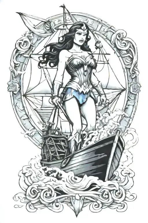 wonder woman on clipper ship with, burn the ships tattoo design idea