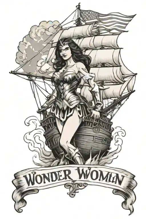 wonder woman on clipper ship with words, burn the ships tattoo design idea