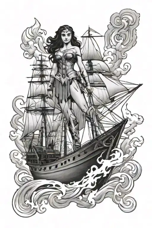 wonder woman on clipper ship named burn the ship tattoo design idea