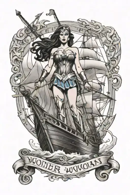 wonder woman on clipper ship with, burn the ships tattoo design idea