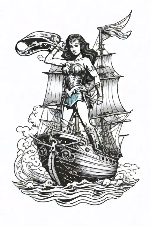 wonder woman on clipper ship named burn the ships tattoo design idea