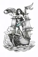 wonder woman on clipper ship named burn the ships tattoo design idea