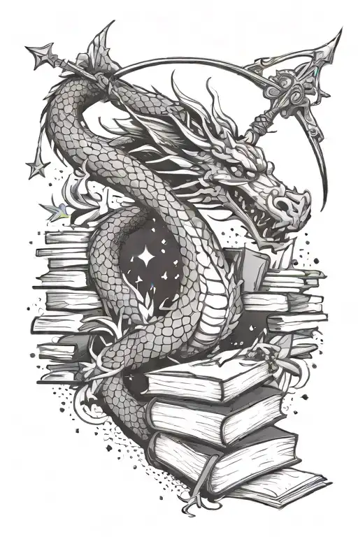 dragon, books, bow and arrow, stars,  and phoneixs  tattoo design idea