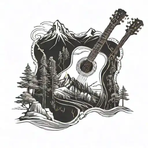 A detailed mountain landscape with a winding hiking trail and a hidden guitar among the trees tattoo design idea