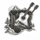 A detailed mountain landscape with a winding hiking trail and a hidden guitar among the trees tattoo design idea