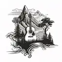 A detailed mountain landscape with a winding hiking trail and a hidden guitar among the trees tattoo design idea