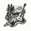 A detailed mountain landscape with a winding hiking trail and a hidden guitar among the trees tattoo design idea