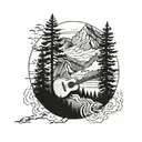 A detailed mountain landscape with a winding hiking trail and a hidden guitar among the trees tattoo design idea