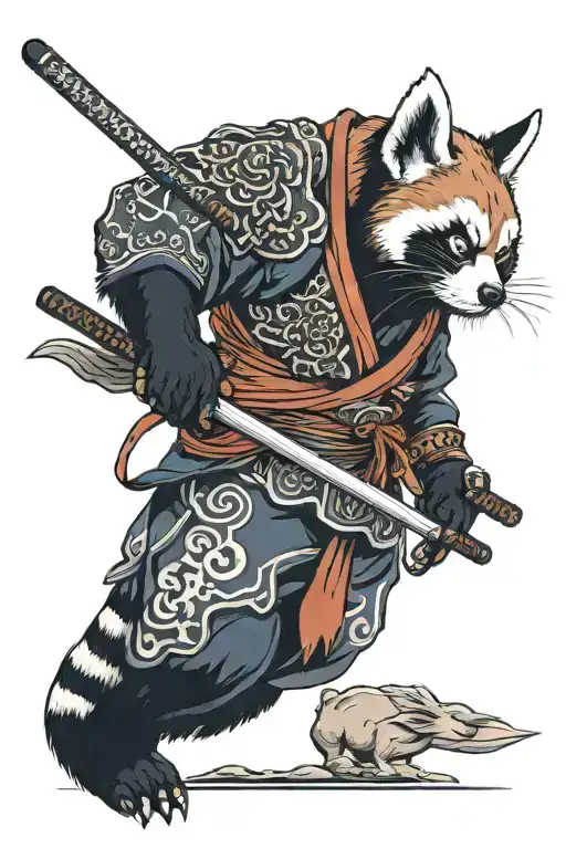 Red panda samurai with a rabbit samurai warrior tattoo design idea