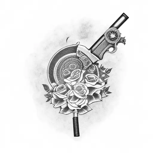 A smoking revolver wrapped in a bed of roses tattoo design idea