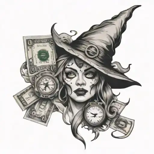 witch's head with crescent moon on the forehead, evil eye, euro banknotes with clock and writing time is money tattoo design idea