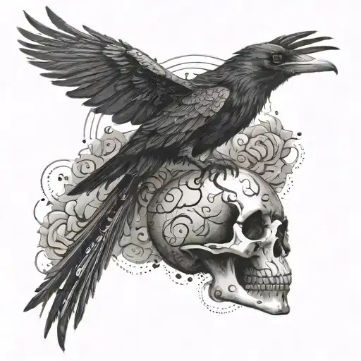 A sinister looking raven perched on a skull, surrounded by swirling mist tattoo design idea
