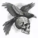 A sinister looking raven perched on a skull, surrounded by swirling mist tattoo design idea