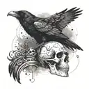A sinister looking raven perched on a skull, surrounded by swirling mist tattoo design idea