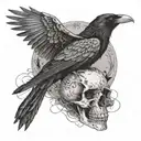 A sinister looking raven perched on a skull, surrounded by swirling mist tattoo design idea