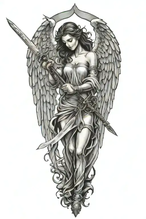 girl angel holding sword downwards tattoo design idea