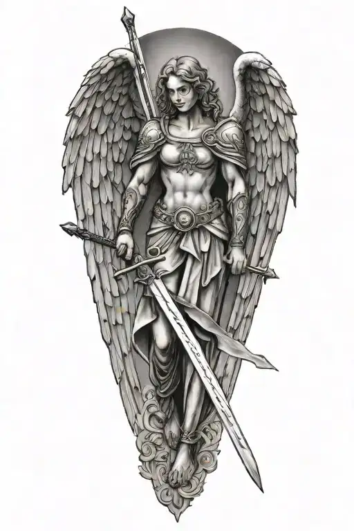 angel holding sword downwards tattoo design idea