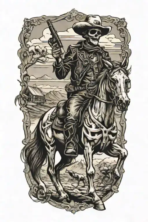 skeleton cowboy on a horse smoking a cigar tattoo design idea