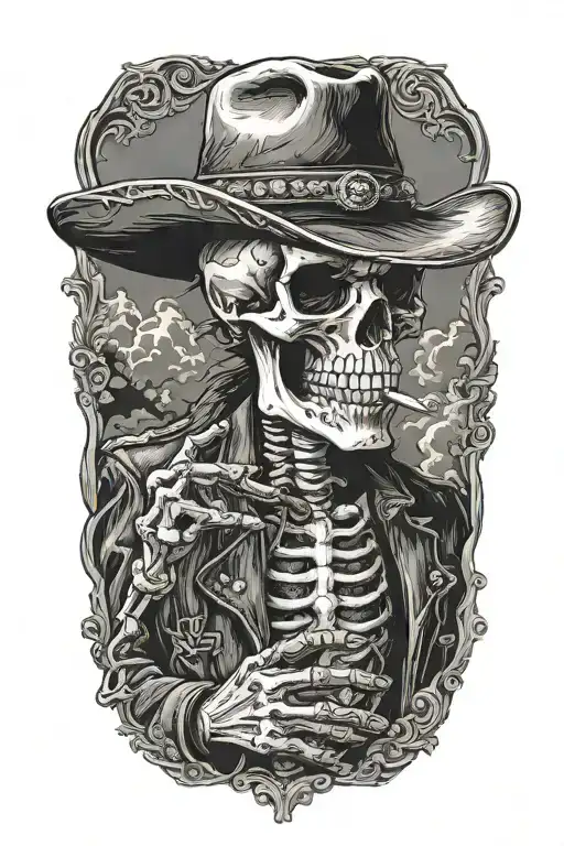 skeleton cowboy smoking cigar tattoo design idea