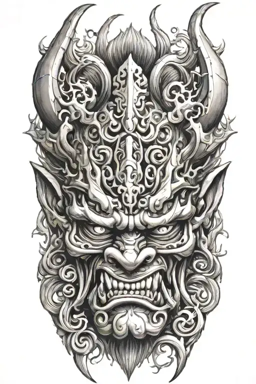 oni mask surrounded by swirling tattoo design idea