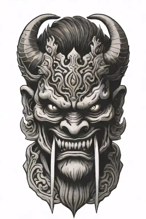 oni mask holding sword in mouth tattoo design idea