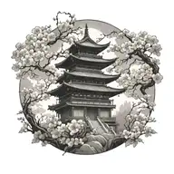 japanese temple with cherry blossom trees tattoo design idea
