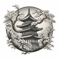 japanese temple with cherry blossom trees tattoo design idea