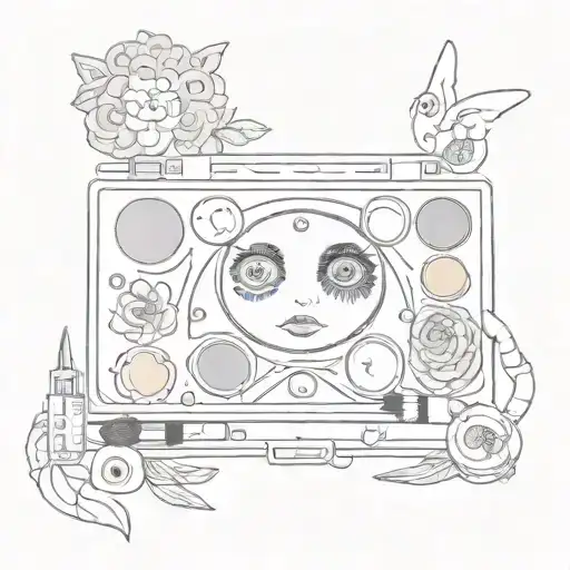 A makeup palette with anime eyes and hippy symbols tattoo design idea