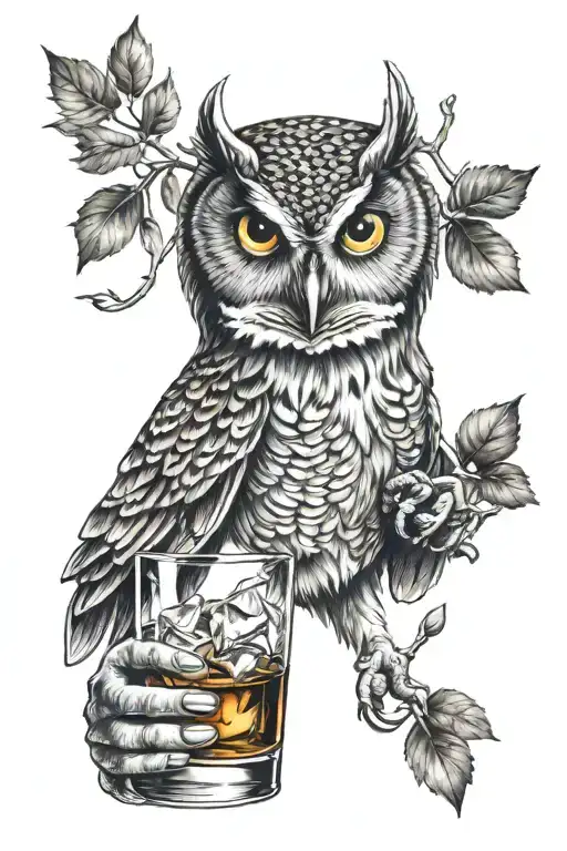 owl holding a glass of bourbon glass tattoo design idea