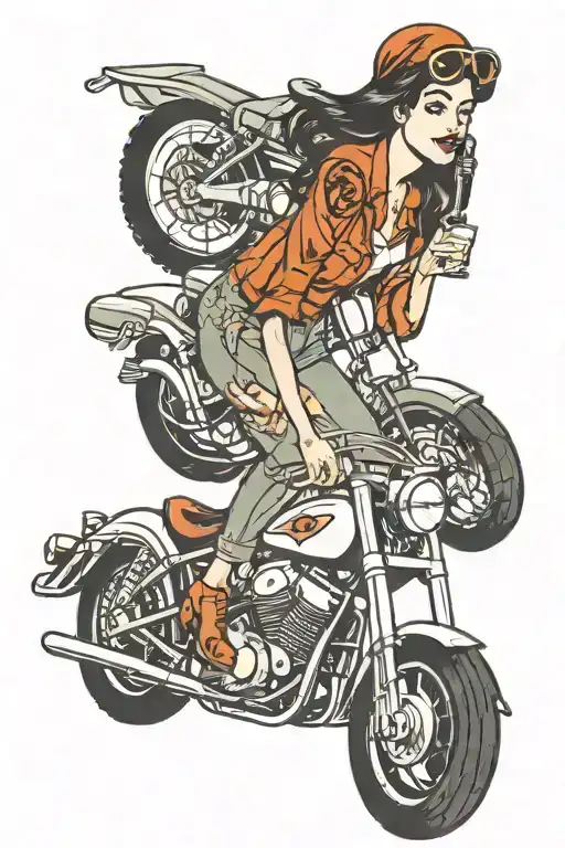 Hot girl on a motorcycle riding. wrench in her hand. toolbox and glass and bottle of wine beside  tattoo design idea