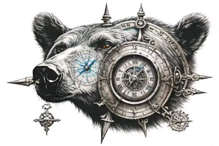 close up of eye of blue eyed bear with clock hands around eye and compass  tattoo design idea