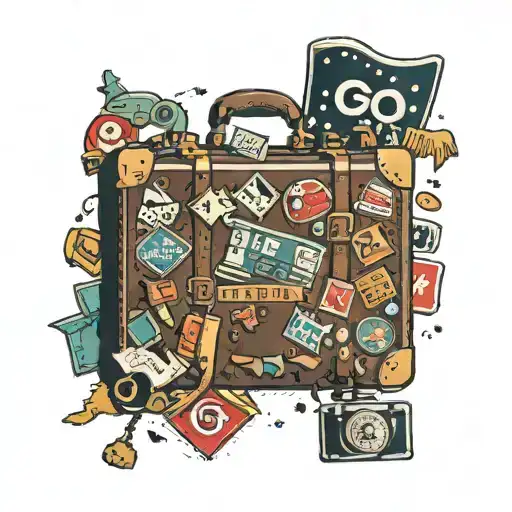 A traditional style tattoo of a vintage suitcase covered in travel stickers featuring gaming logos tattoo design idea