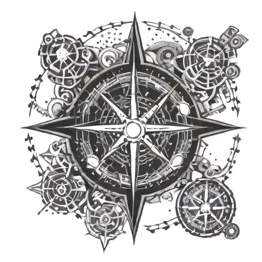 A compass rose made of game controller buttons, surrounded by crypto currency logos tattoo design idea