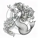 beautiful mermaid with no face swimming holding a message in a bottle surrounded by lillies and sea animals tattoo design idea