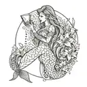 beautiful mermaid with no face swimming holding a message in a bottle surrounded by lillies and sea animals tattoo design idea