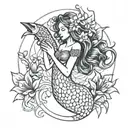 beautiful mermaid with no face swimming holding a message in a bottle surrounded by lillies and sea animals tattoo design idea