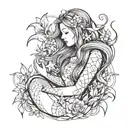 beautiful mermaid with no face swimming holding a message in a bottle surrounded by lillies and sea animals tattoo design idea