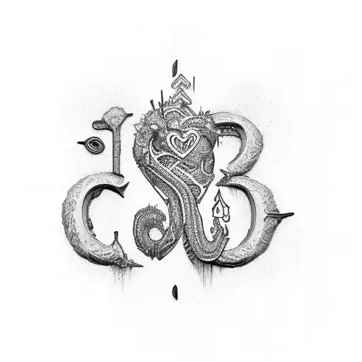 C, J letters with heart outline tattoo design idea