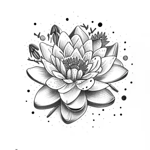 Bouquet of Larkspur, Water Lily, Red Poppy, Gladiolus. Add dots to background in ordered as leo constellation. tattoo design idea