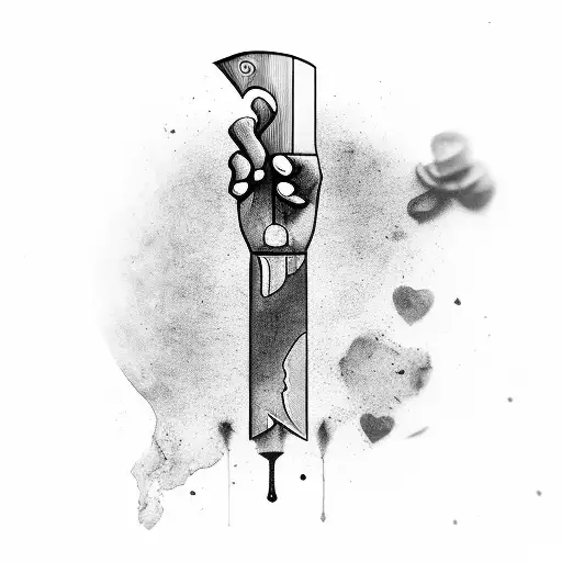 one hand holding a sharp knife and the word- love is split to two and the word is located above the knife tattoo design idea