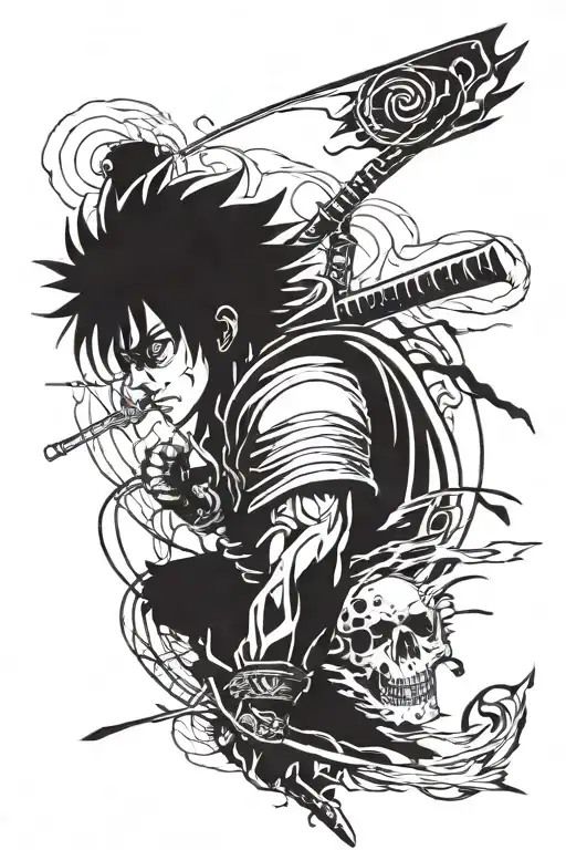A half-sleeve tattoo combining elements from *Berserk*, *Samurai Champloo*, *One Piece*, and *Cowboy Bebop*  tattoo design idea