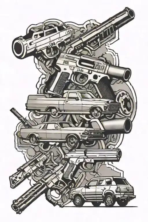 A collage of different guns forming a sleek and modern car silhouette tattoo design idea